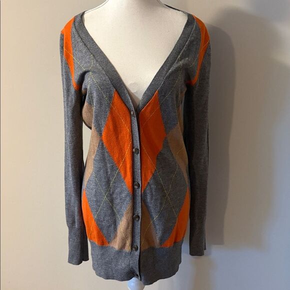 JCP Cashmere Blend Gray and Orange Argyle Cardigan. Size Medium Tall - Picture 1 of 6